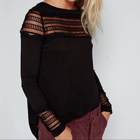 Free People Black Long Sleeve Mesh Roxie Tee Small - Picture 1 of 9
